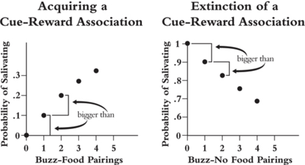 Two plots: acquiring a cue-reward association and extinguishing it, with larger first-trial changes marked bigger than later ones.